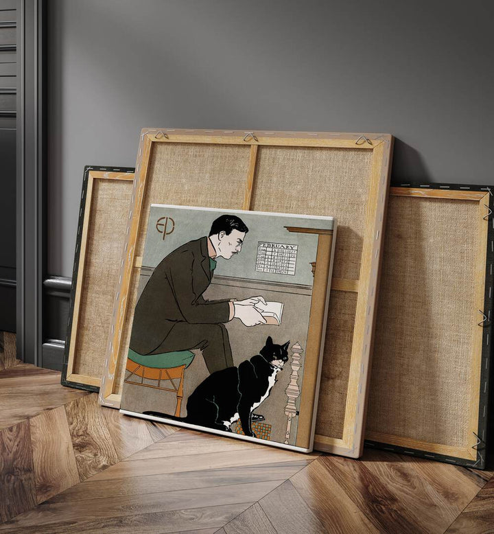 Edward Penfield Self-portrait 1898 Vintage Paintings in Gallery Wrap placed on a floor beside canvas and a door