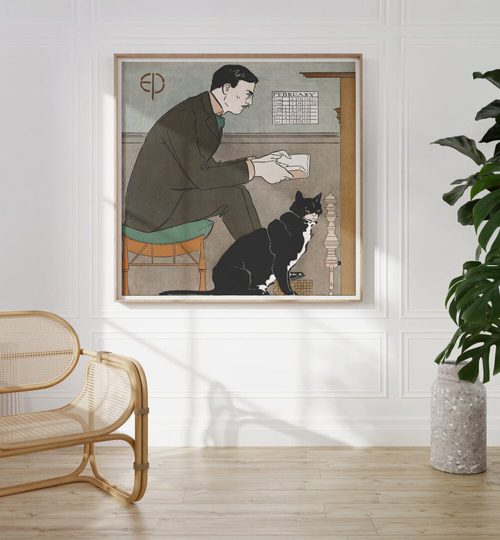 Edward Penfield Self-portrait 1898 Vintage Paintings in Oak Wood Plain Frame placed on a white wall between a chair and a plant