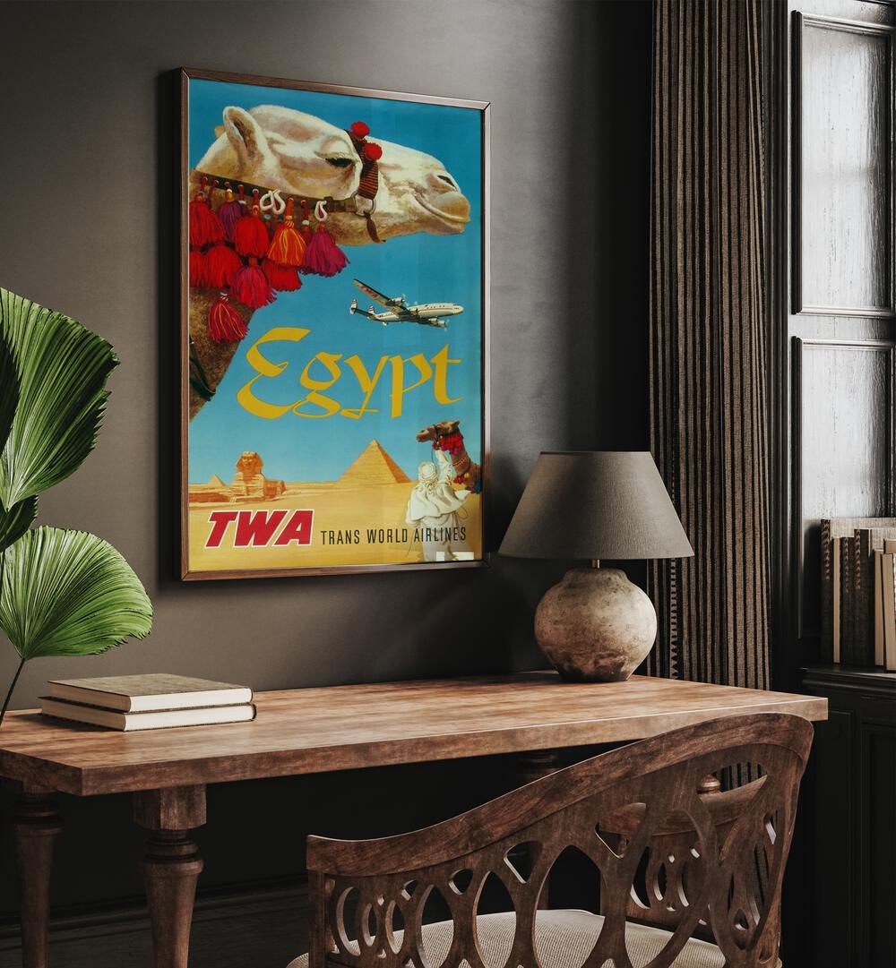 Egypt-Trans World Airlines  Retro Travel Posters in Oak Wood Plain Frame placed on a wall behind a study table