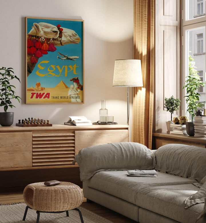 Egypt-Trans World Airlines  Retro Travel Posters in Oak Wood Plain Frame placed on a wall behind a console table