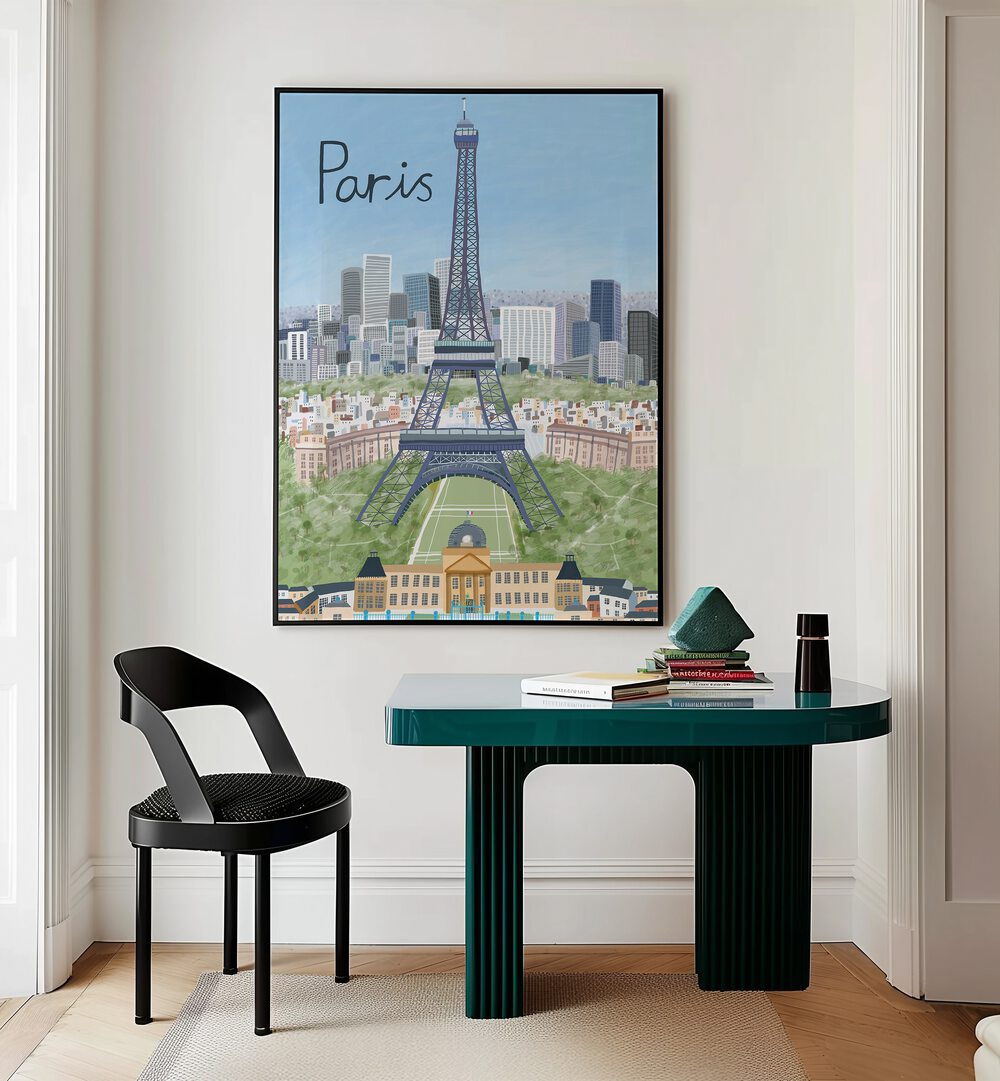 Eiffel Tower With Paris City in Background by Carla Daly Travel Posters in Black Plain Frame placed on the wall behind a study table