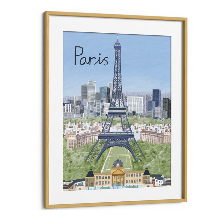 Eiffel Tower With Paris City in Background by Carla Daly Travel Posters in Oak Wood Frame With Mount