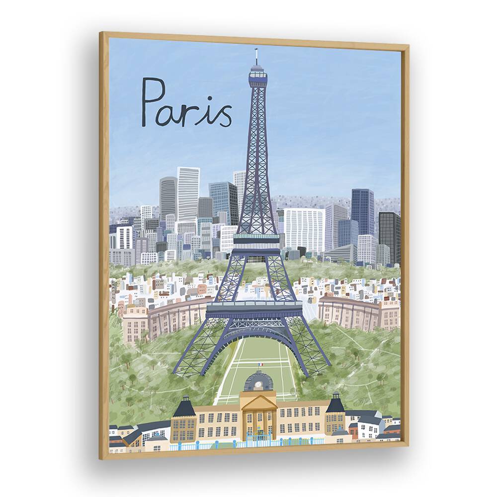 Eiffel Tower With Paris City in Background by Carla Daly Travel Posters in Oak Wood Plain Frame