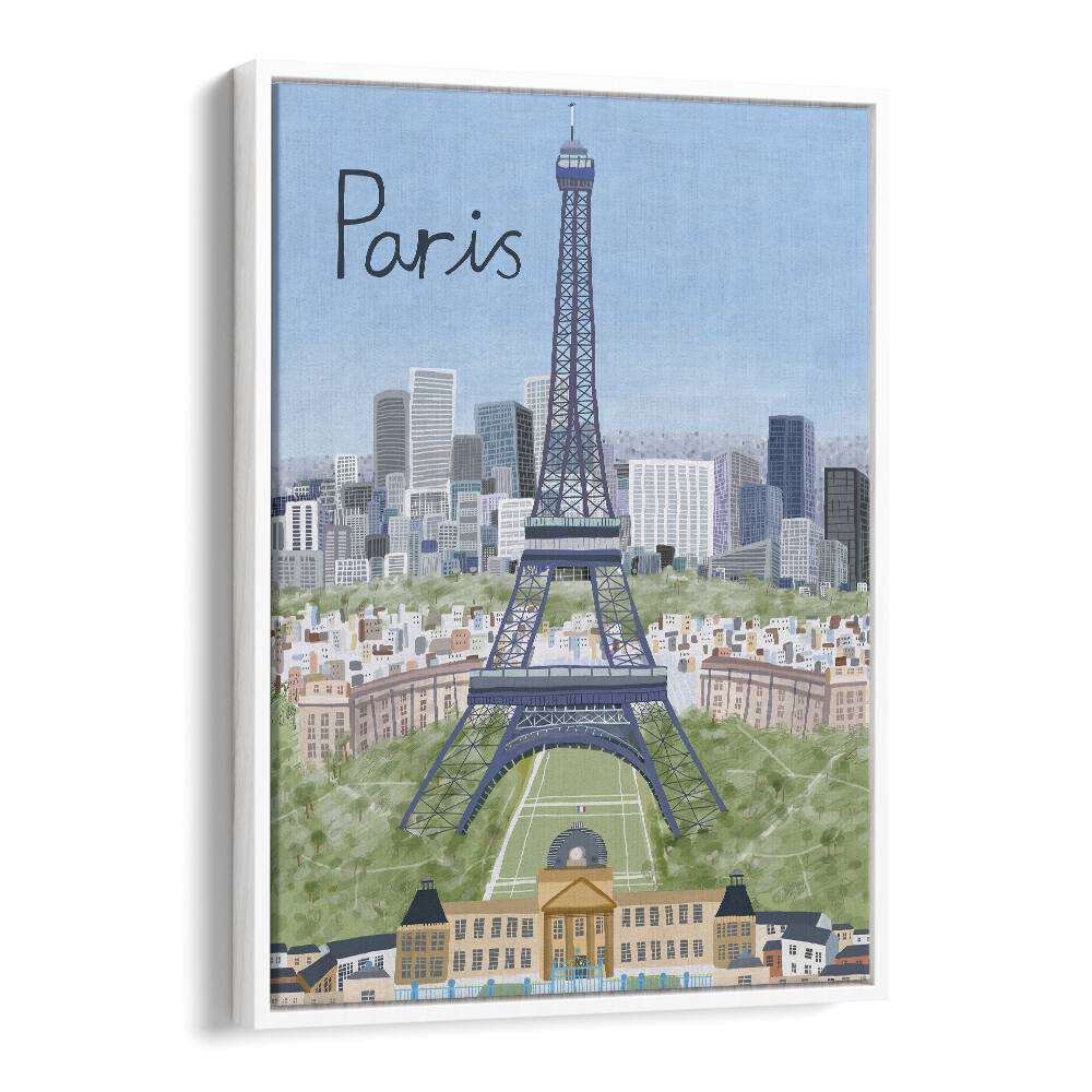 Eiffel Tower With Paris City in Background by Carla Daly Travel Posters in White Floater Frame