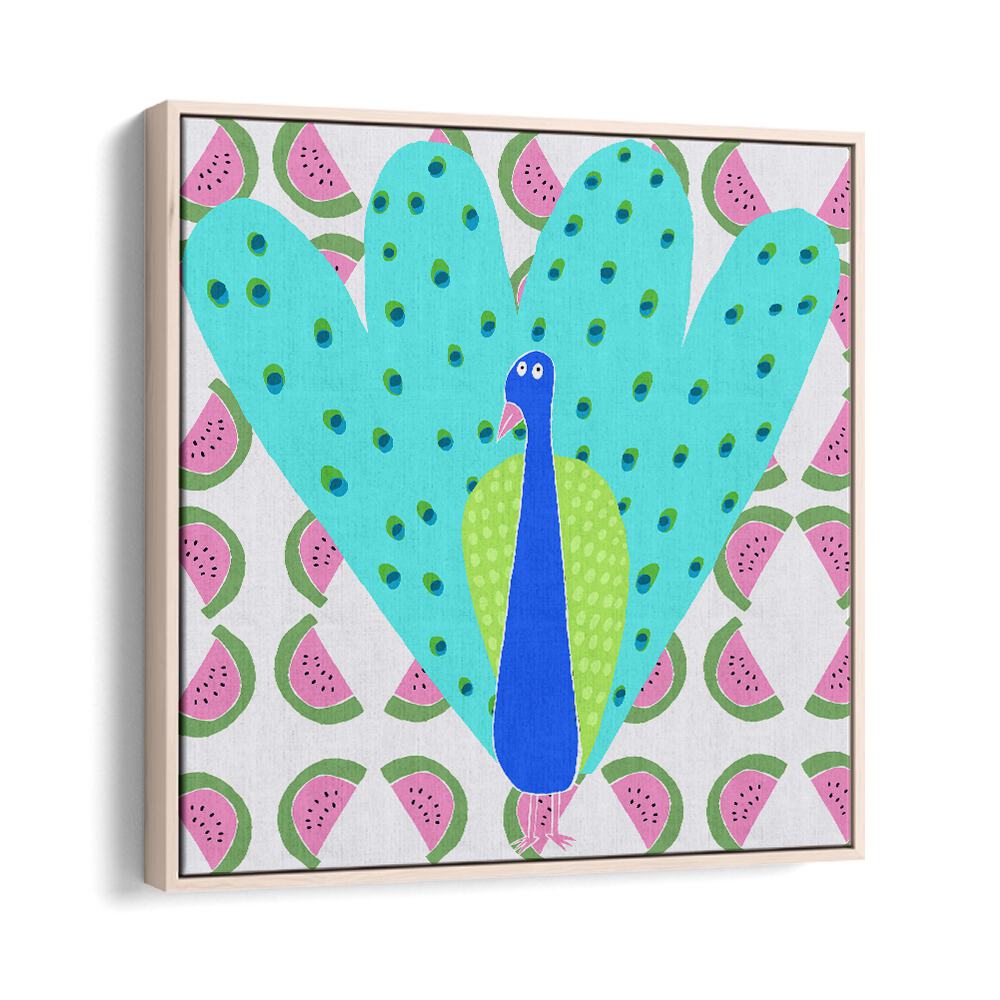 Electric Peacock With Watermelon Pattern By Carla Daly Kids Room Painting in Oak Wood Floater Frame