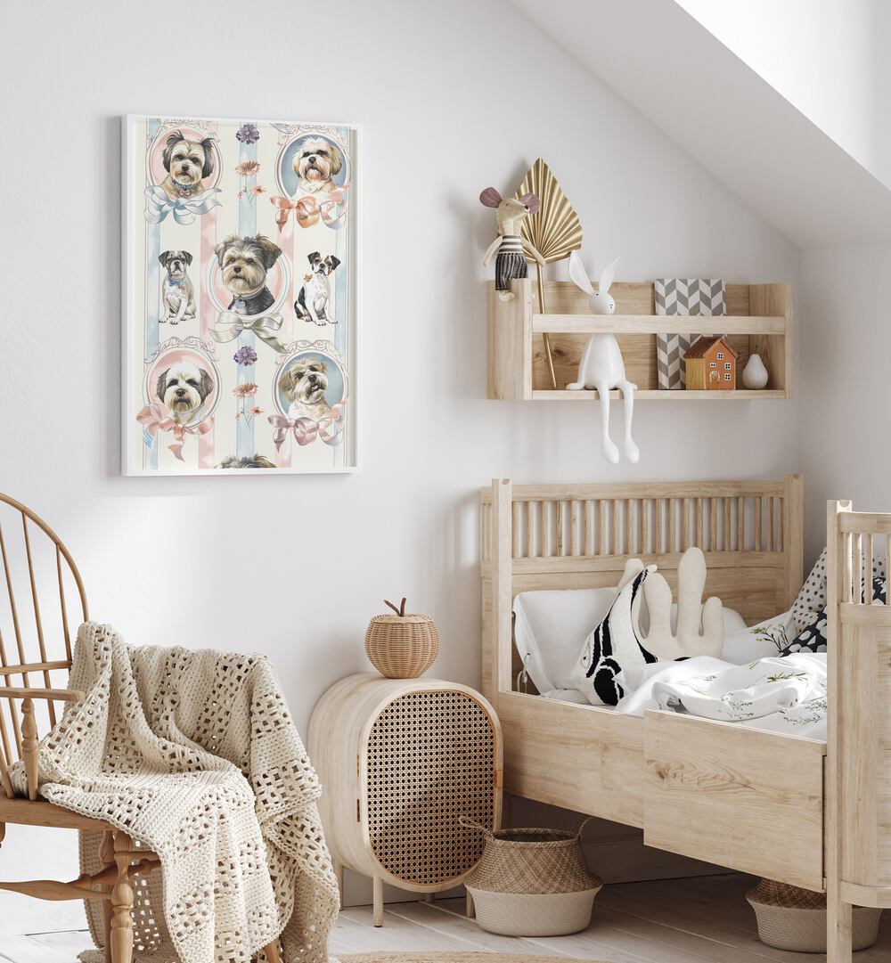 Elegant Canines Kids Room Paintings Kids Room Wall Art in White Plain Frame placed on a wall in a kids room beside an infant's bed