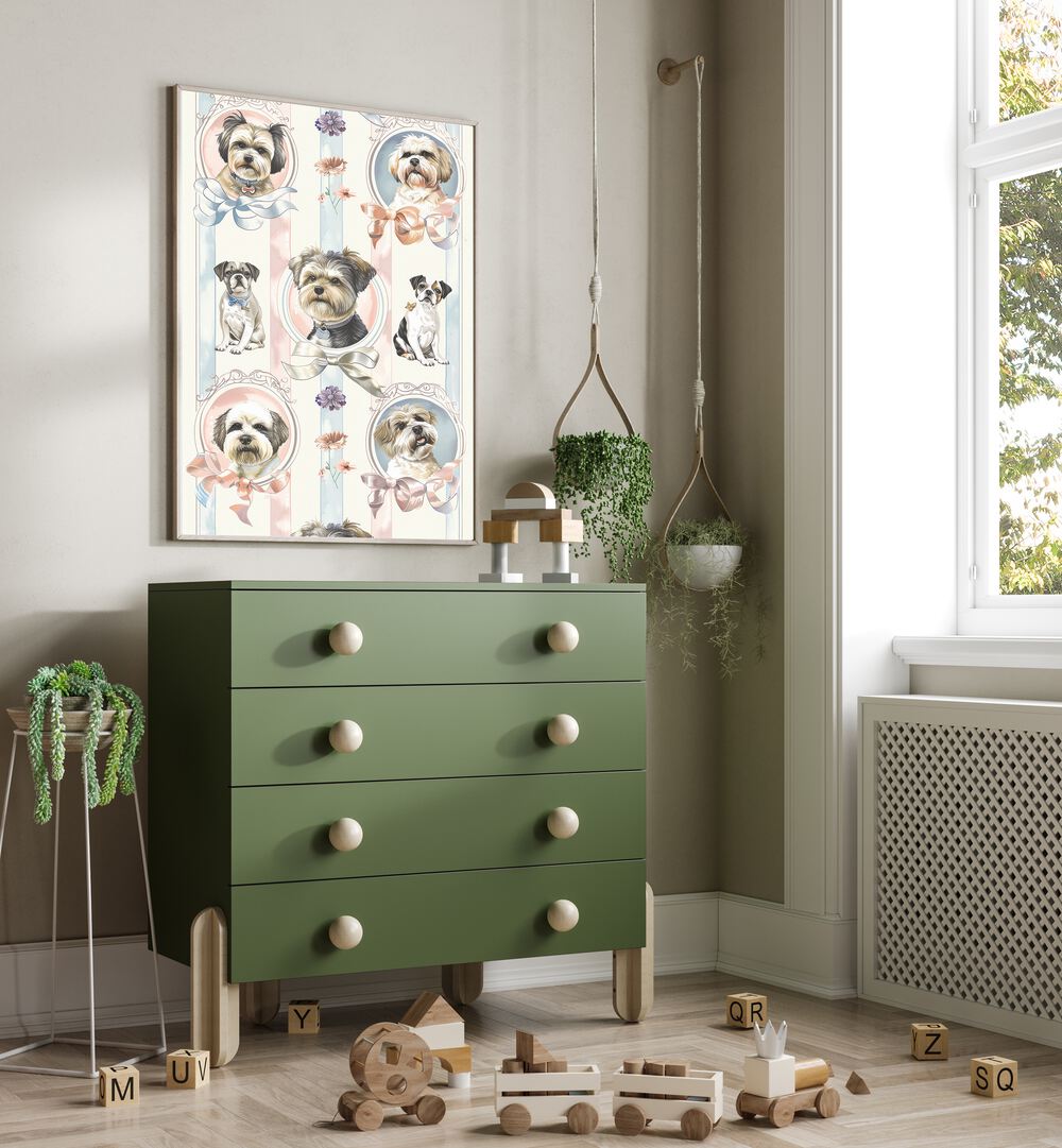 Elegant Canines Kids Room Paintings Kids Room Wall Art in White Plain Frame placed on a wall beside a window and behind a console table