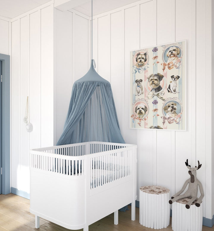 Elegant Canines Kids Room Paintings Kids Room Wall Art in White Plain Frame placed on a wall in a kids room beside an infant's bed