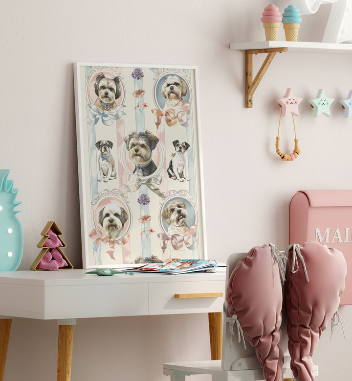 Elegant Canines Kids Room Paintings Kids Room Wall Art in White Plain Frame placed on a table in a kids room