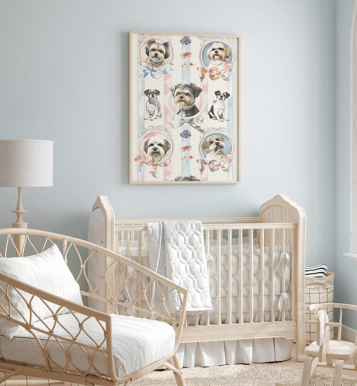 Elegant Canines Kids Room Paintings Kids Room Wall Art in Oak Wood Plain Frame placed on a wall in a kids room behind an infant's bed