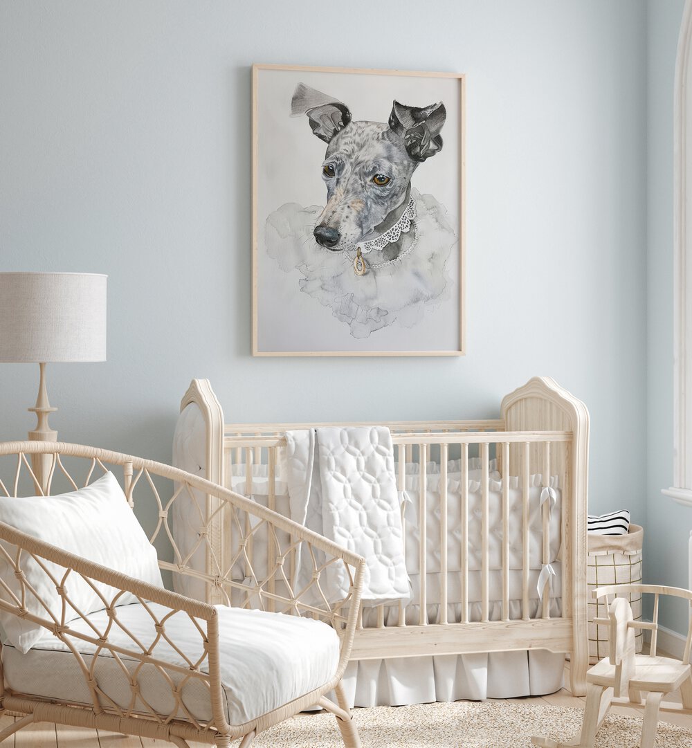 Elegant Sadie Kids Room Paintings Kids Room Wall Art in Oak Wood Plain Frame placed on a wall in a kids room beside an infant's bed