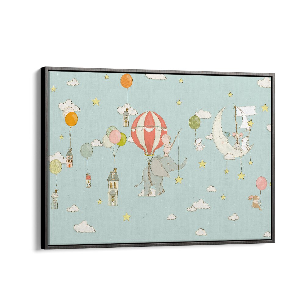 Elephant Dream DayBlue by Sue Skellern Kids Room Art in Black Floater Frame