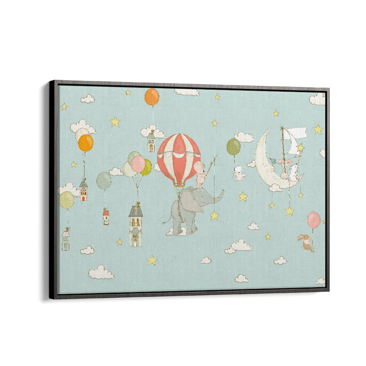 Elephant Dream DayBlue by Sue Skellern Kids Room Art in Black Floater Frame