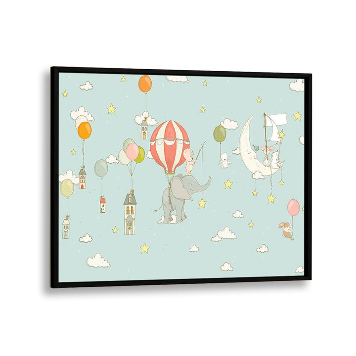 Elephant Dream DayBlue by Sue Skellern Kids Room Art in Black Plain Frame