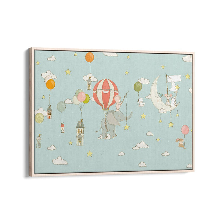 Elephant Dream DayBlue by Sue Skellern Kids Room Art in Oak Wood Floater Frame