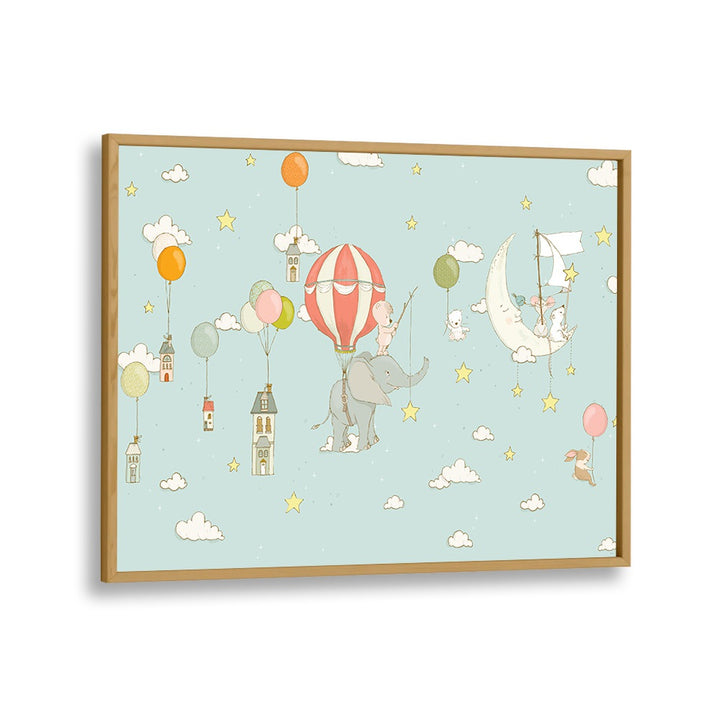 Elephant Dream DayBlue by Sue Skellern Kids Room Art in Oak Wood Plain Frame