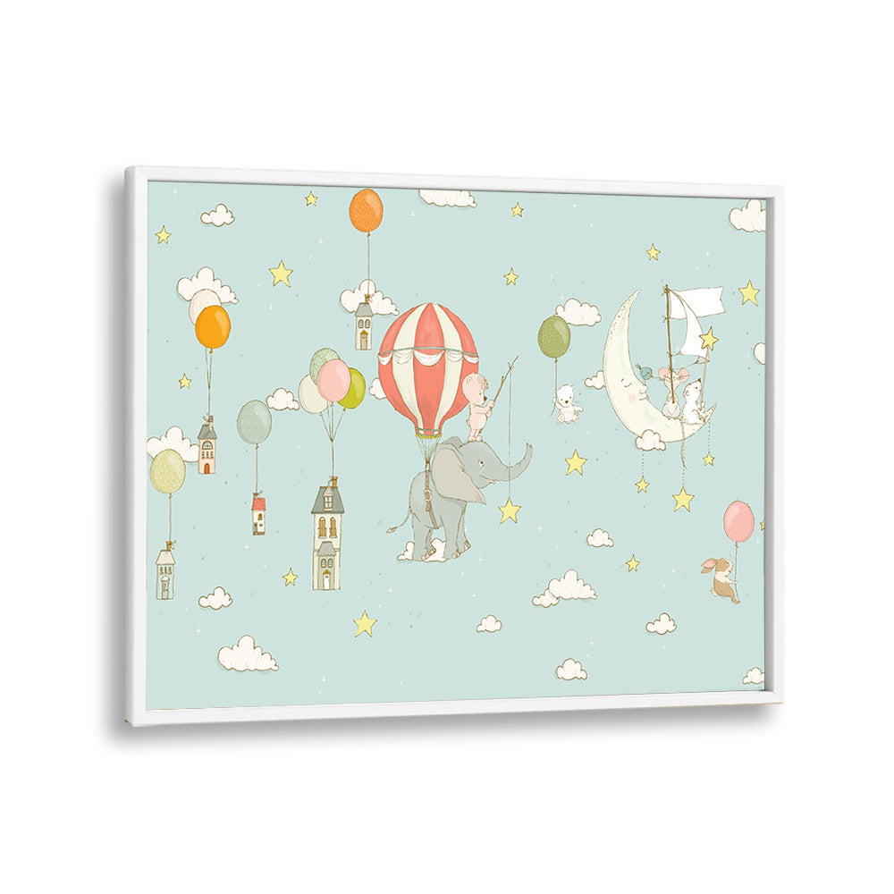 Elephant Dream DayBlue by Sue Skellern Kids Room Art in White Plain Frame