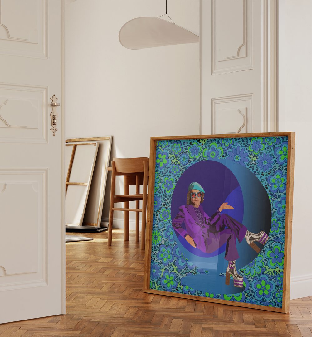 Elton By Lynnda Rakos Pop Art Paintings Pop Art Prints in Oak Wood Plain Frame placed on the floor beside a door