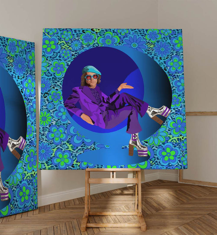 Elton By Lynnda Rakos Pop Art Paintings Pop Art Prints in Gallery Wrap placed on a easel stand beside an artwork