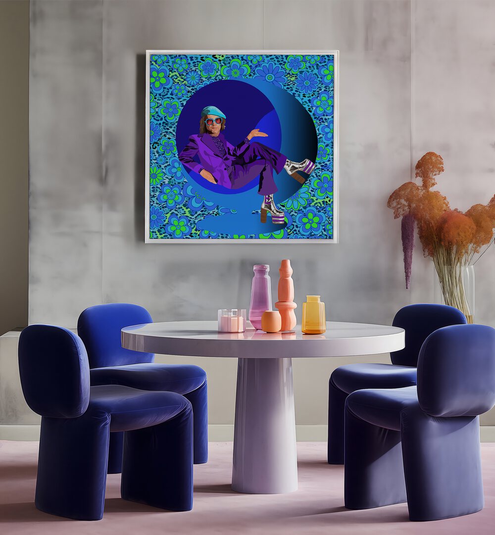 Elton By Lynnda Rakos Pop Art Paintings Pop Art Prints in White Plain Frame placed on a wall behind a dining table 