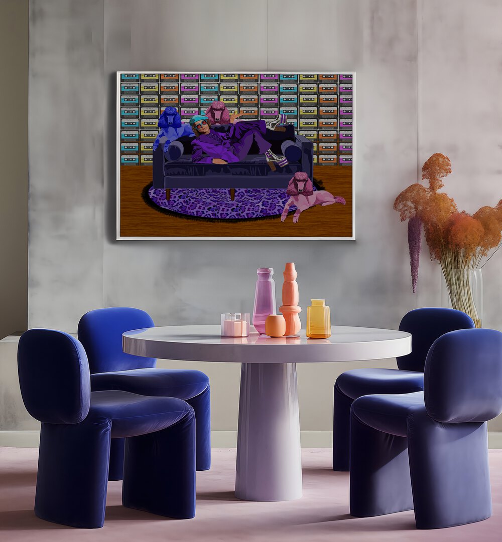 Elton Ii By Lynnda Rakos Pop Art Paintings Pop Art Prints in White Plain Frame placed on a wall behind a dining table 