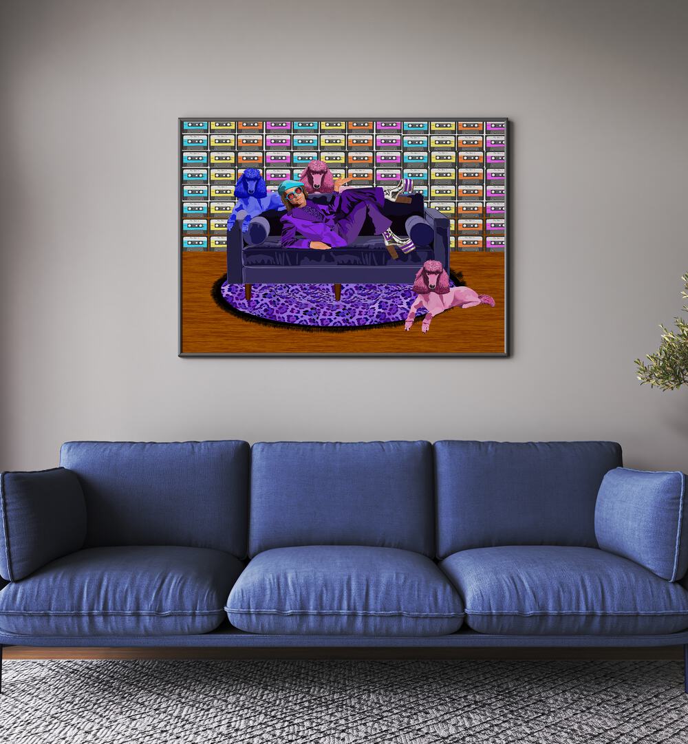 Elton Ii By Lynnda Rakos Pop Art Paintings Pop Art Prints in Black Plain Frame placed on a wall behind a sofa