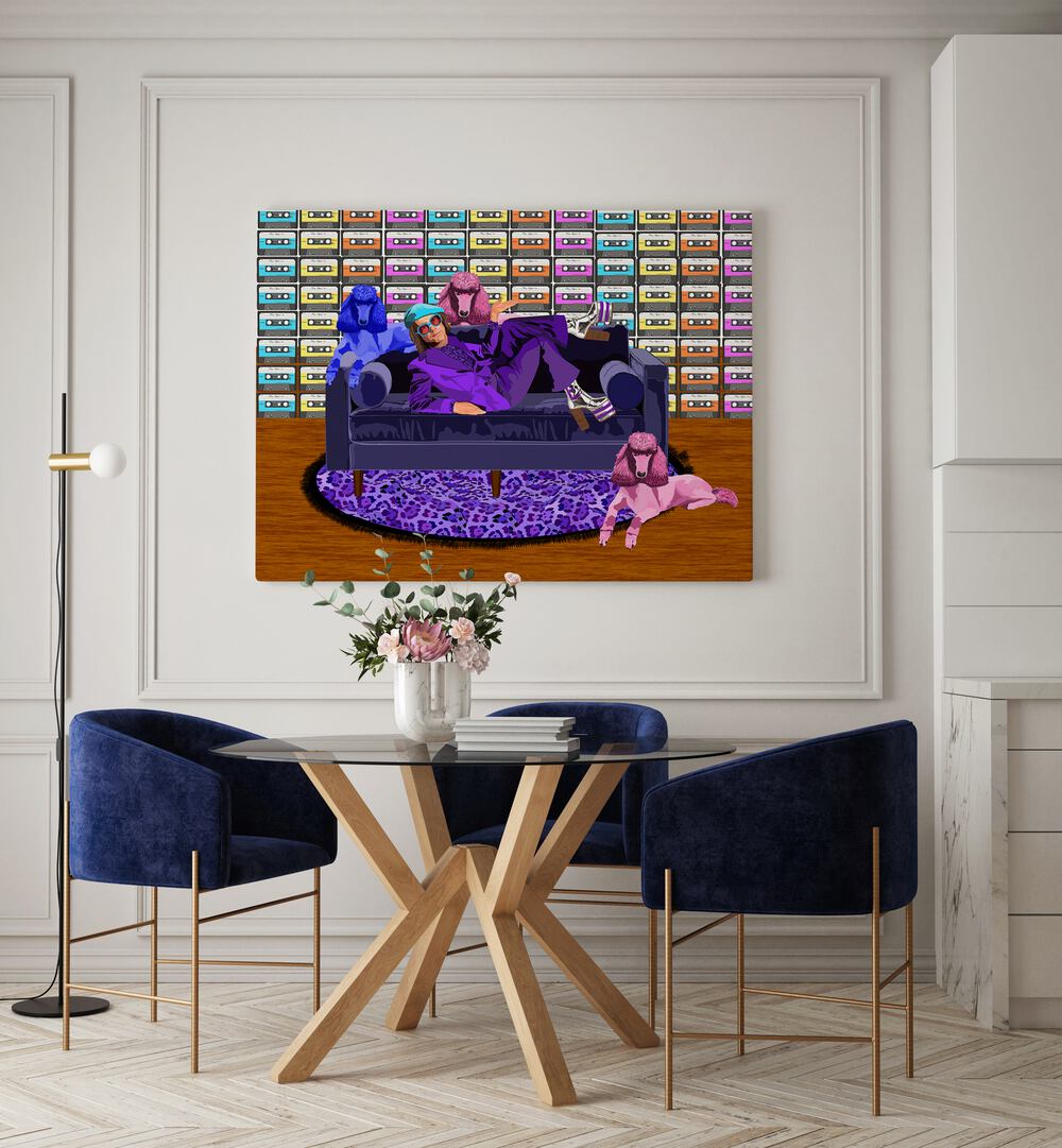 Elton Ii By Lynnda Rakos Pop Art Paintings Pop Art Prints in Gallery Wrap placed on a wall behind a dining table 