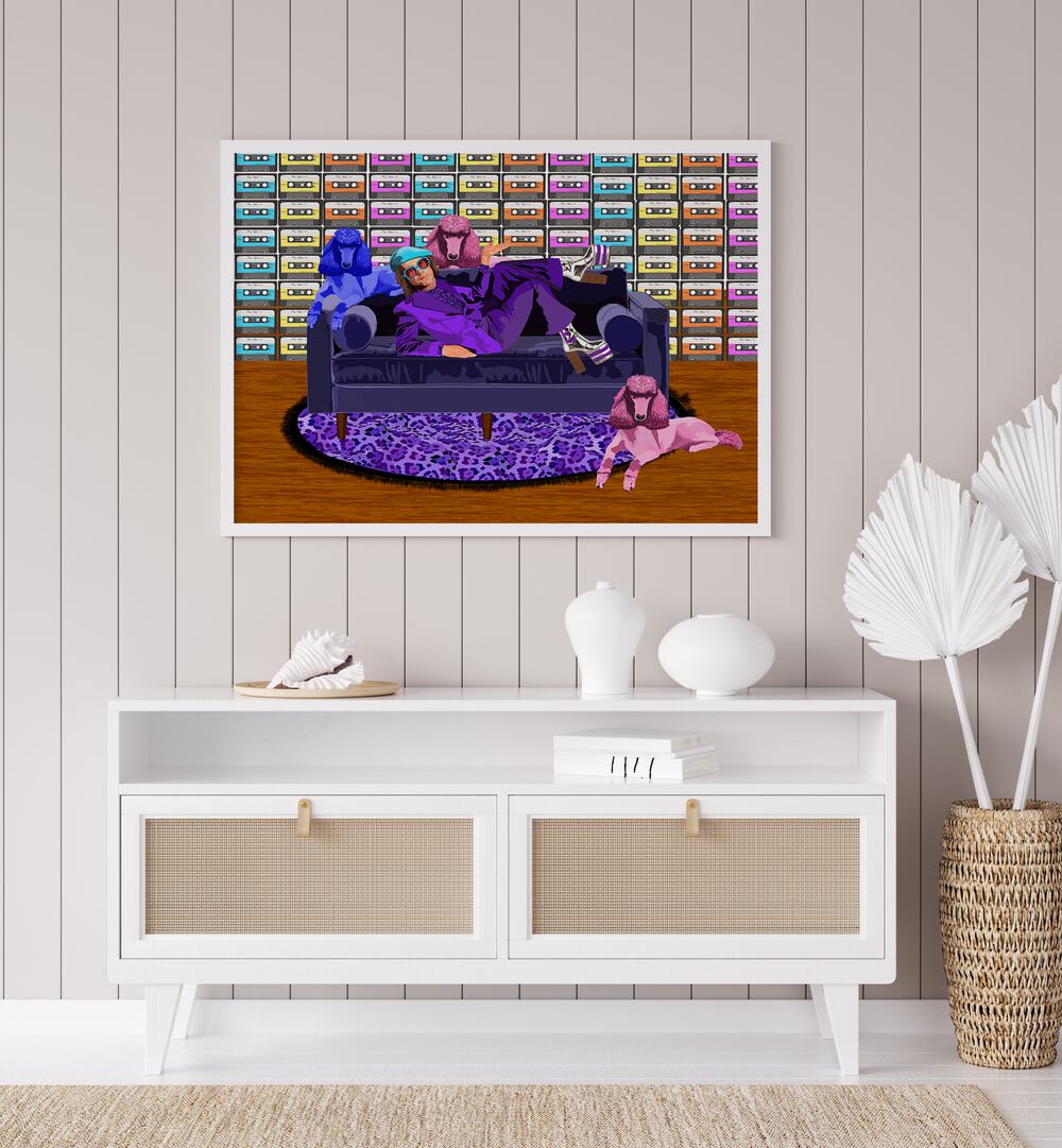 Elton Ii By Lynnda Rakos Pop Art Paintings Pop Art Prints in White Plain Frame placed on a wall behind a console table