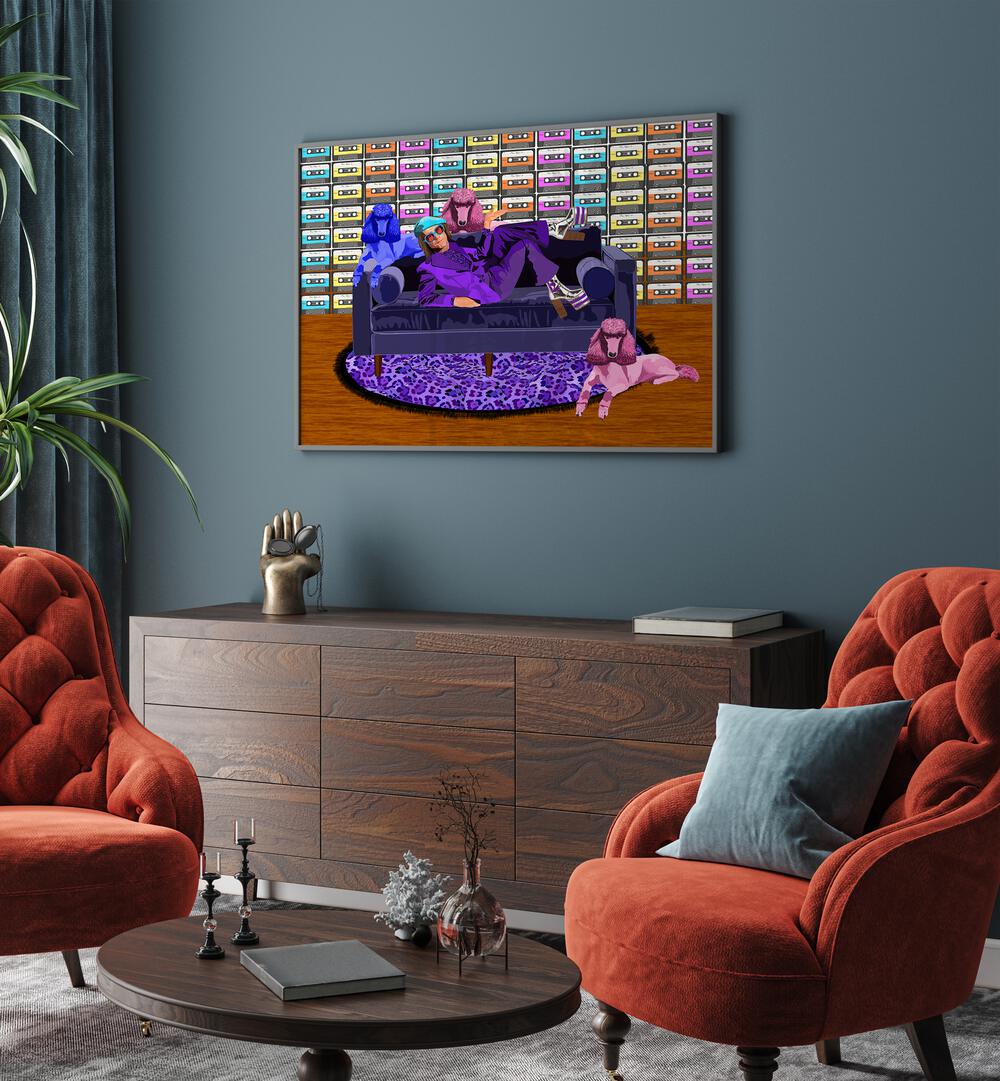 Elton Ii By Lynnda Rakos Pop Art Paintings Pop Art Prints in Black Plain Frame placed on a wall behind a console table