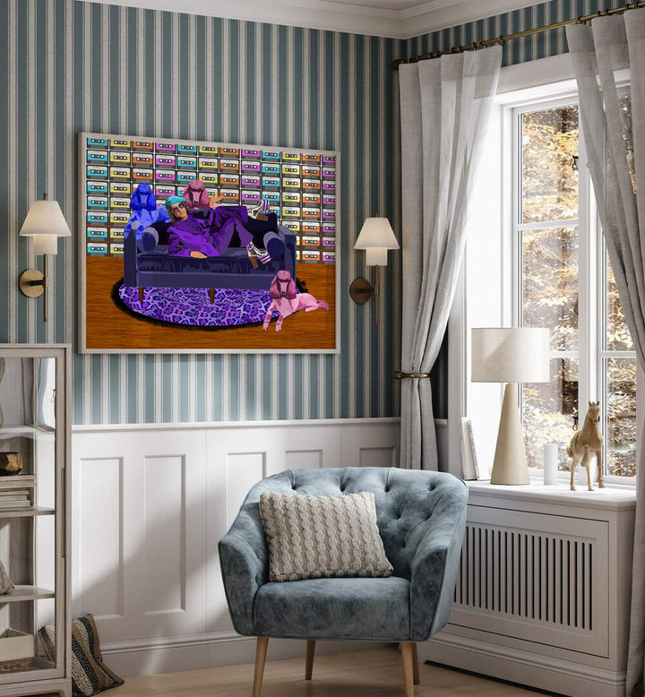 Elton Ii By Lynnda Rakos Pop Art Paintings Pop Art Prints in Oak Wood Plain Frame placed on a wall behind a chair and beside a window