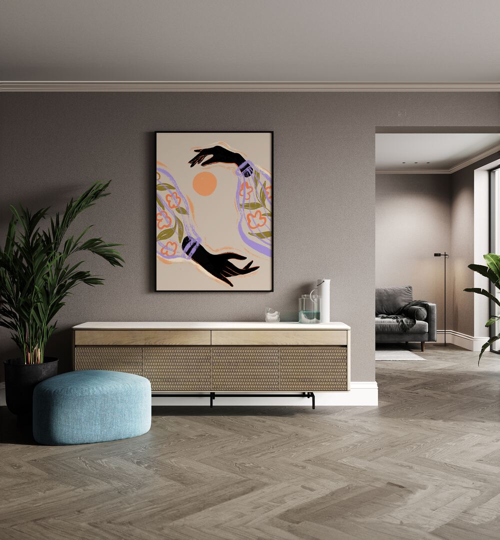 Embrace The Sun By Arty Guava Wall Art Prints in Black Plain Frame placed on a Beige Colored Wall above a Console Table in the Drawing Room