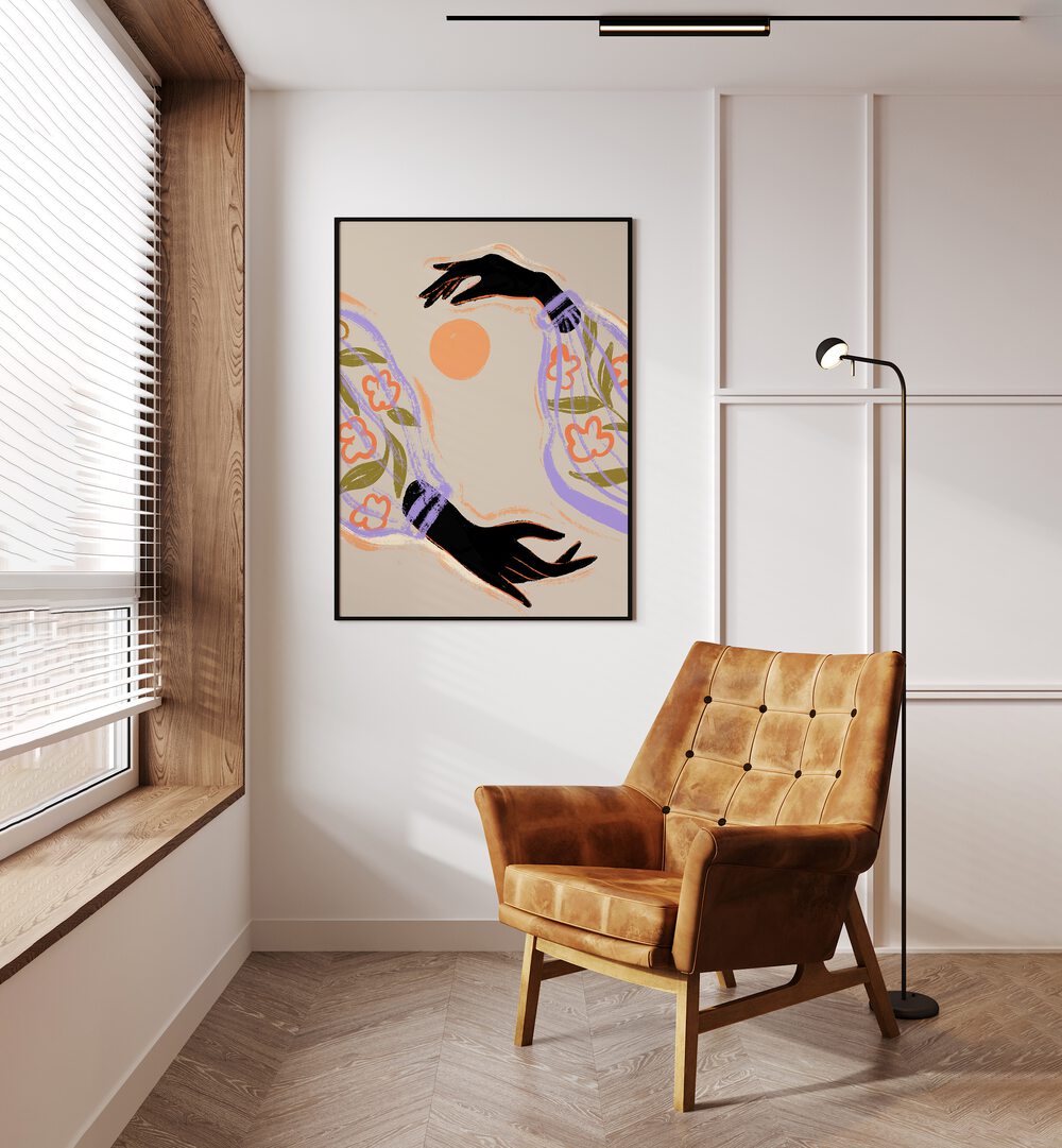 Embrace The Sun By Arty Guava Wall Art Prints in Black Plain Frame placed on a Cream Colored Wall in the Drawing Room