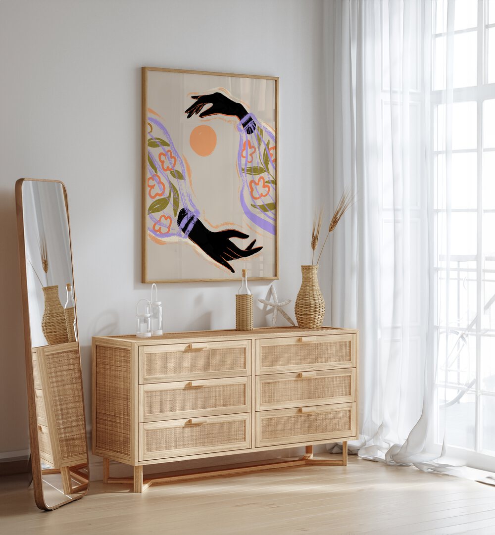 Embrace The Sun By Arty Guava Wall Art Prints in Oak Wood Plain Frame placed on a White Colored Wall above a Console Table in the Drawing Room 