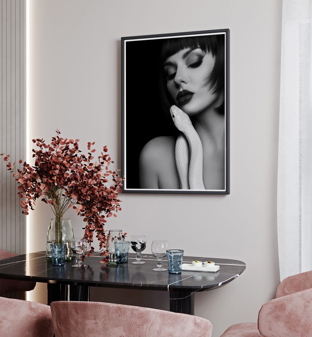 Embraces Lady by David Drake Fine Art Photography Fashion Photography in Black Plain Frame placed on a wall behind a dining table and beside a window for dining area