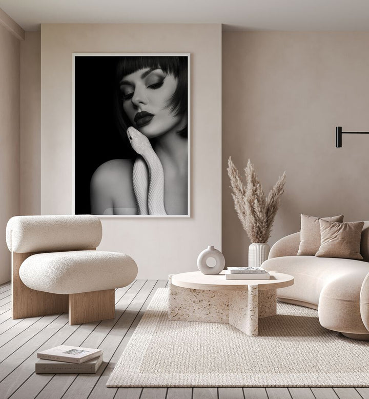 Embraces Lady by David Drake Fine Art Photography Fashion Photography in White Plain Frame placed on a wall behind a sofa