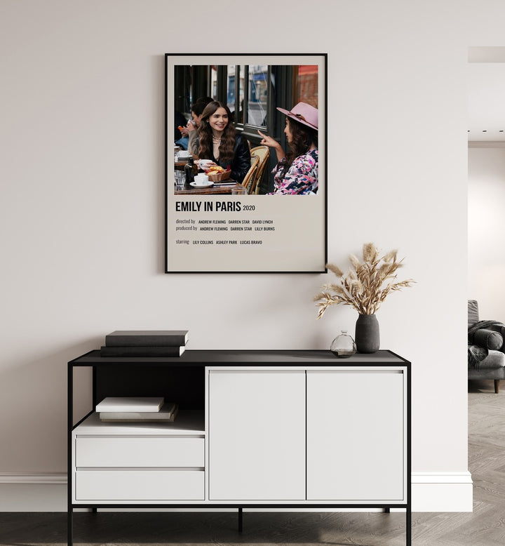 Emily In Paris 2020 i Movie Posters in Black Plain Frame hanging on wall above console table