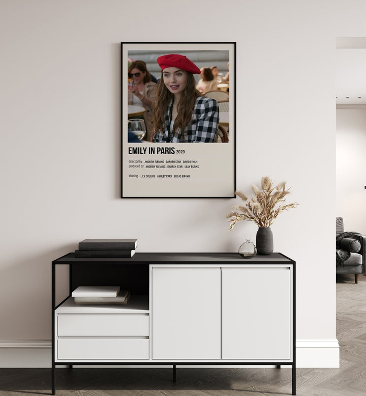 Emily In Paris 2020 ii Movie Posters in Black Plain Frame hanging on wall above console table