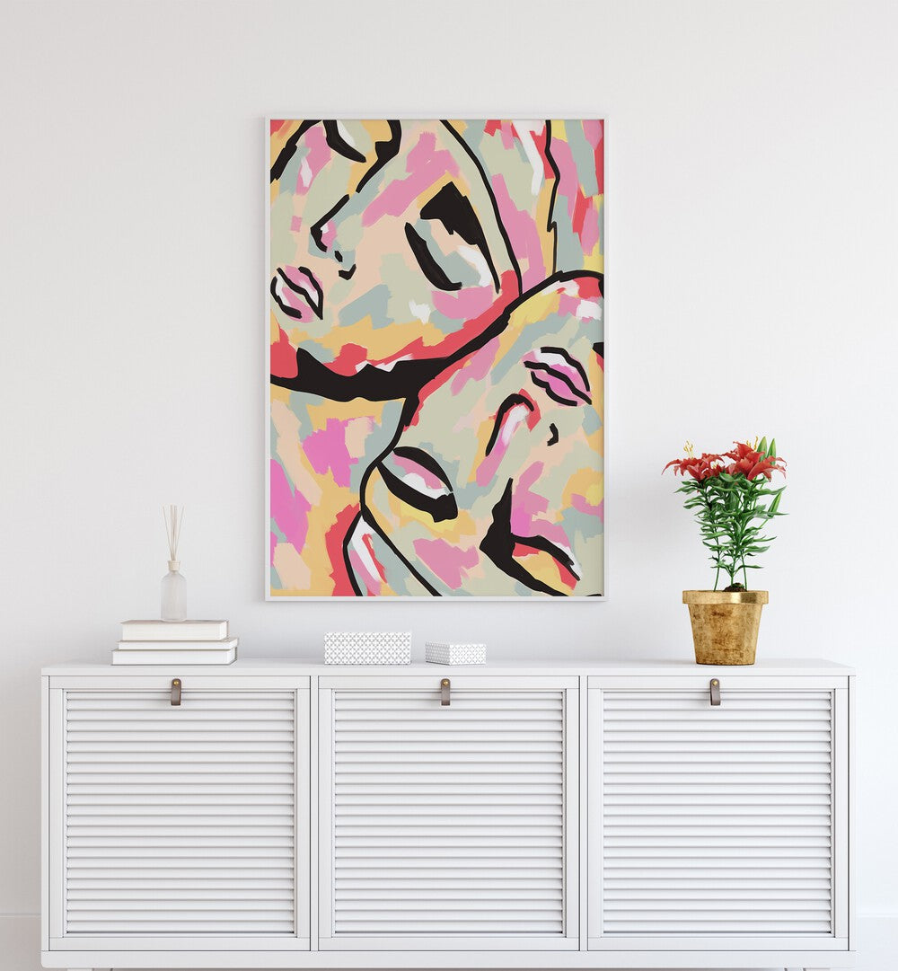 Emotional Orientation By Uma Gokhale Abstract Paintings in White Plain Frame on a white wall above a console table