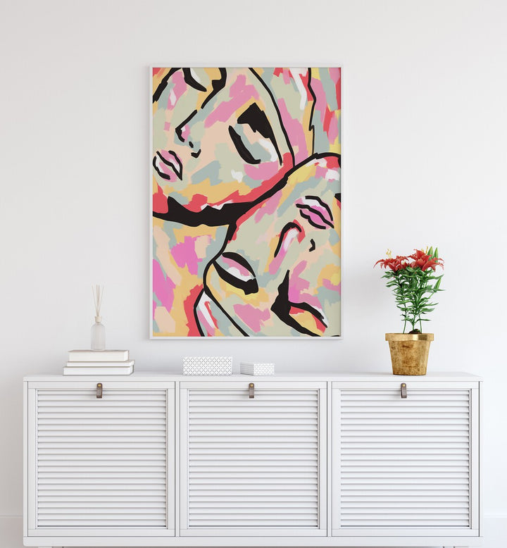 Emotional Orientation By Uma Gokhale Abstract Paintings in White Plain Frame on a white wall above a console table