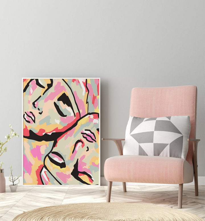 Emotional Orientation By Uma Gokhale Abstract Paintings in White Plain Frame on a wooden floor beside a pink sofa