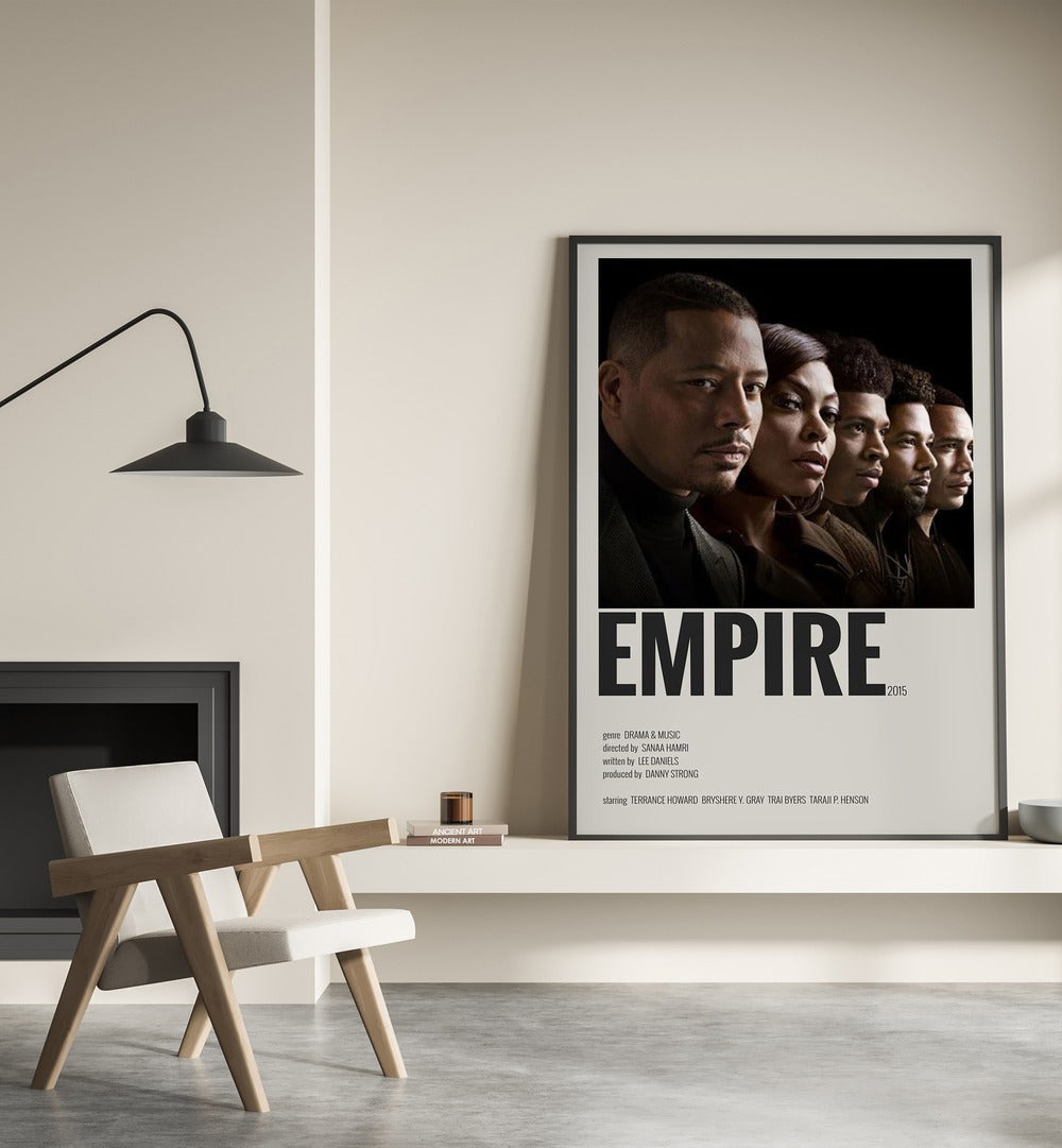 Empire 2015 II Movie Posters in Black Plain Frame place on a wall behind a chair beside lamp