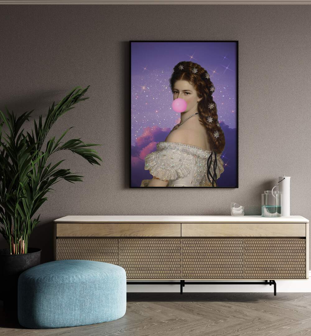 Empress Elisabeth Bubble Gum Portrait I By Grace Digital Art Co Altered Art Prints in Black Plain Frame placed on a wall behind a console table