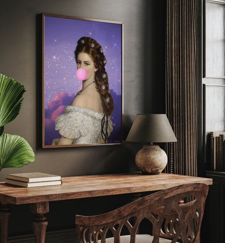 Empress Elisabeth Bubble Gum Portrait I By Grace Digital Art Co Altered Art Prints in Dark Wood Plain Frame placed on a wall behind a study table