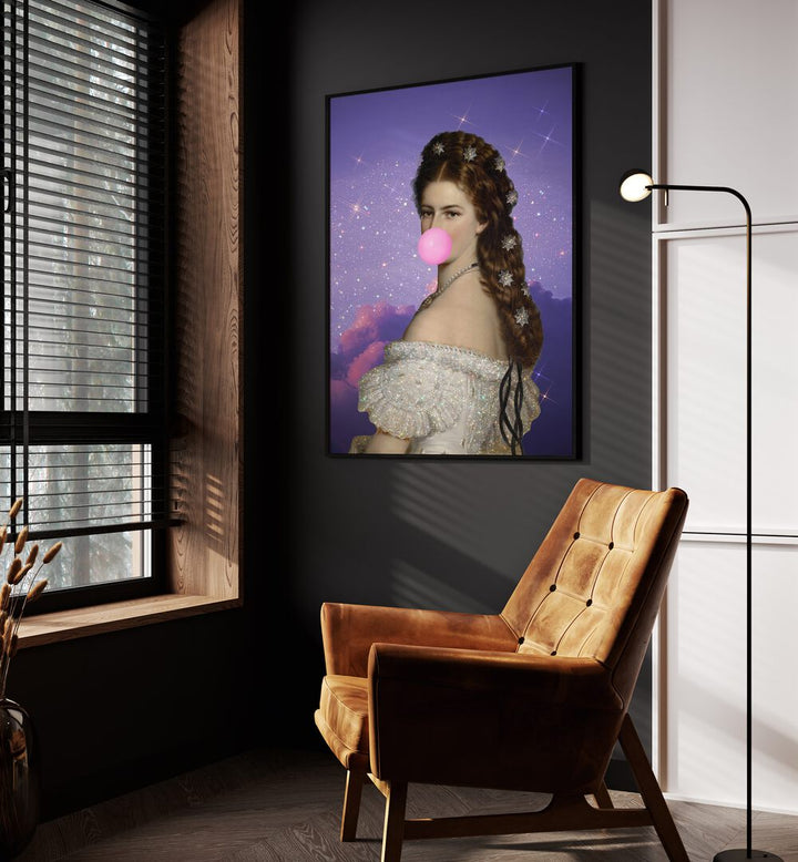 Empress Elisabeth Bubble Gum Portrait I By Grace Digital Art Co Altered Art Prints in Black Plain Frame placed on a wall beside an orange sofa and a window