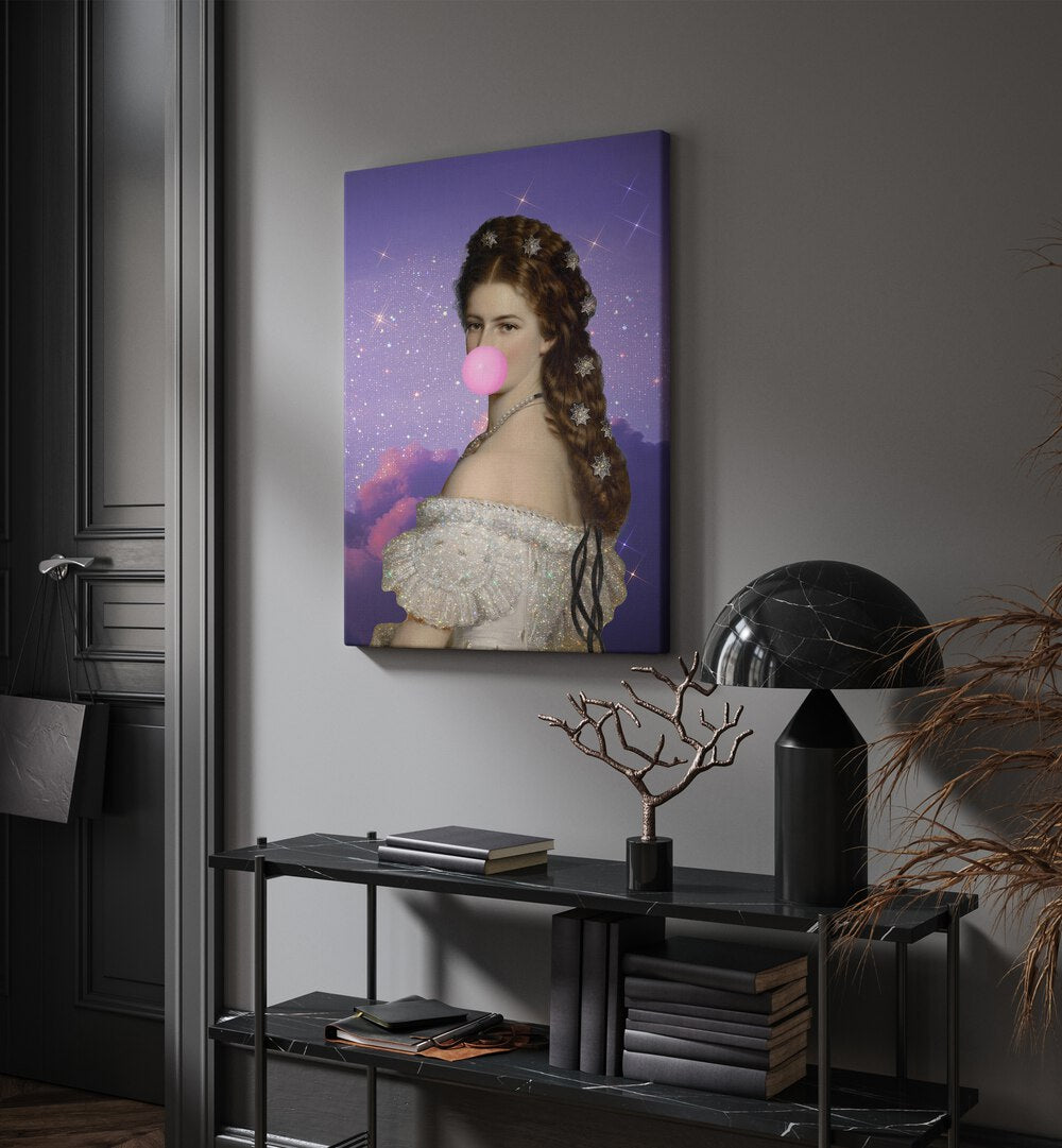 Empress Elisabeth Bubble Gum Portrait I By Grace Digital Art Co Altered Art Prints in Gallery Wrap placed on a wall behind a black table and beside a door