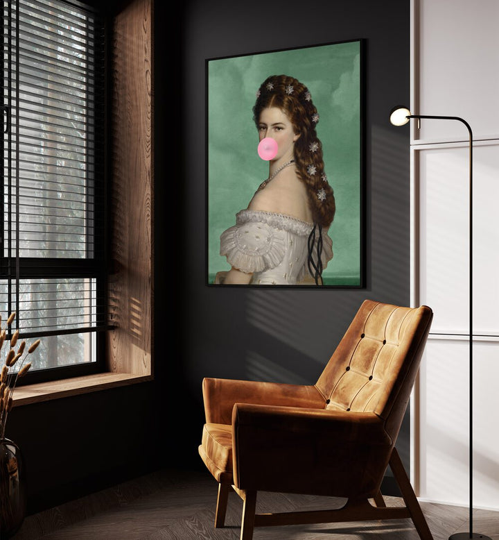 Empress Elisabeth Bubble Gum Portrait II By Grace Digital Art Co Altered Art Prints in Black Plain Frame placed on a wall beside an orange sofa and a window