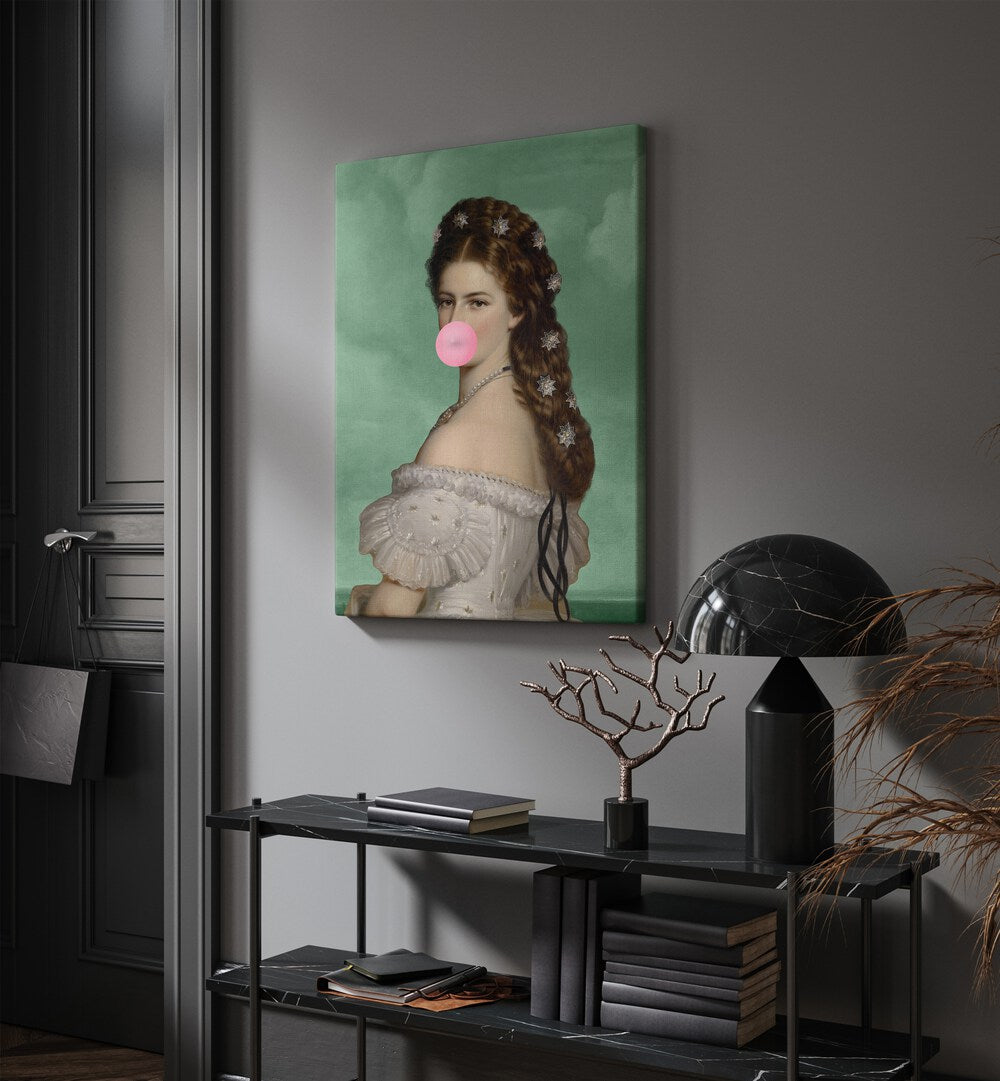 Empress Elisabeth Bubble Gum Portrait II By Grace Digital Art Co Altered Art Prints in Gallery Wrap placed on a wall behind a black table and beside a door