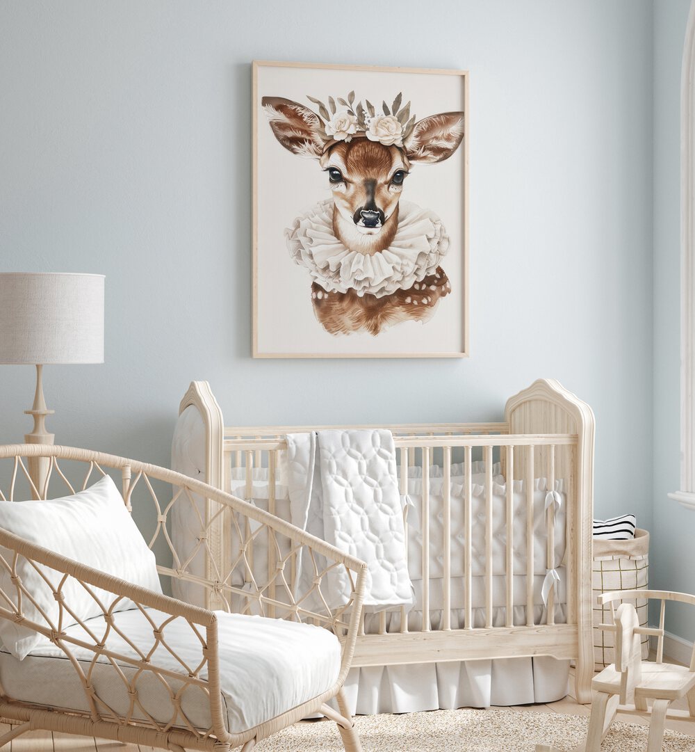 Enchanted Doe Delight Kids Room Paintings Kids Room Wall Art in Oak Wood Plain Frame placed on a wall in a kids room behind an infant's bed