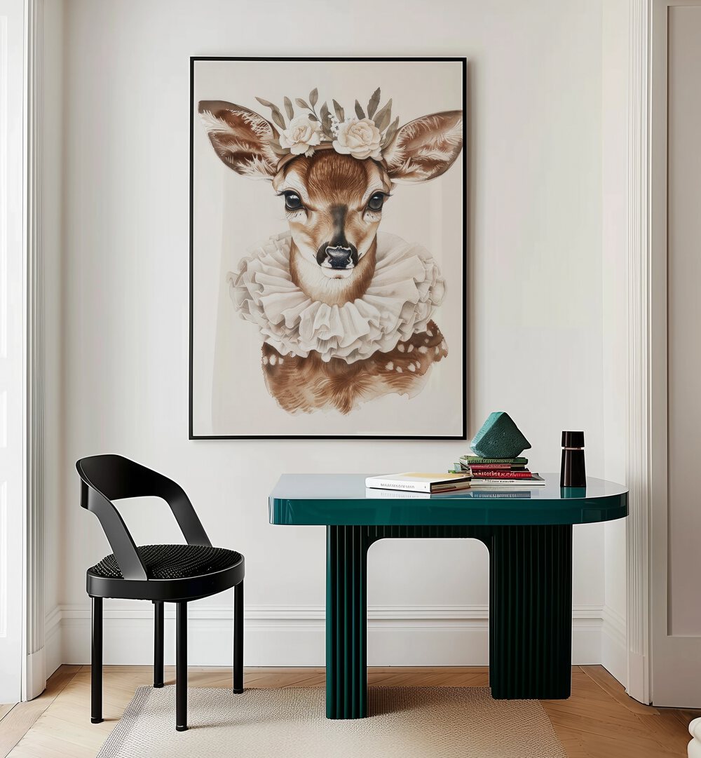 Enchanted Doe Delight Kids Room Paintings Kids Room Wall Art in Black Plain Frame placed on a wall behind a study table