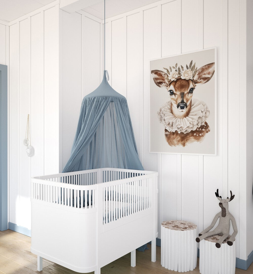 Enchanted Doe Delight Kids Room Paintings Kids Room Wall Art in White Plain Frame placed on a wall in a kids room beside an infant's bed